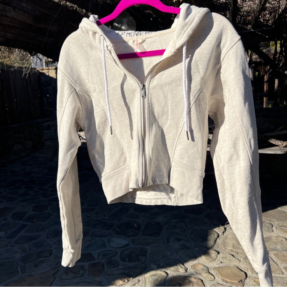 Free People FP Movement Women's Cropped Cream Heather Zip-Up Hoodie Small New